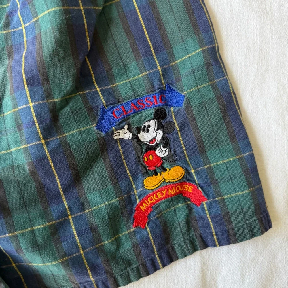 Disney Store Mens Mickey Mouse Plaid Boxer Shorts Green Blue Woven Cotton Small
